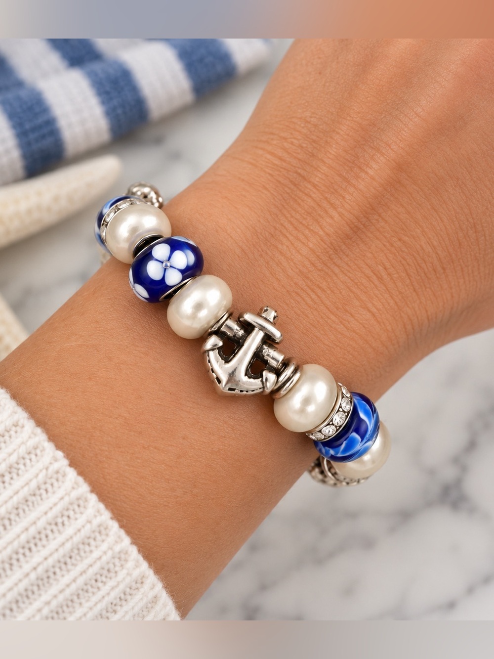 Nautical Anchor Charm Bracelet Blue Glass Beads Pearl Silver Tone